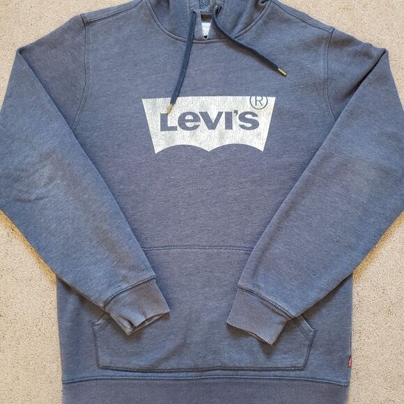 Levi's Classic Distressed Logo Size Small Mens Heatherd Blue Hoodie Pullover - Picture 2 of 8